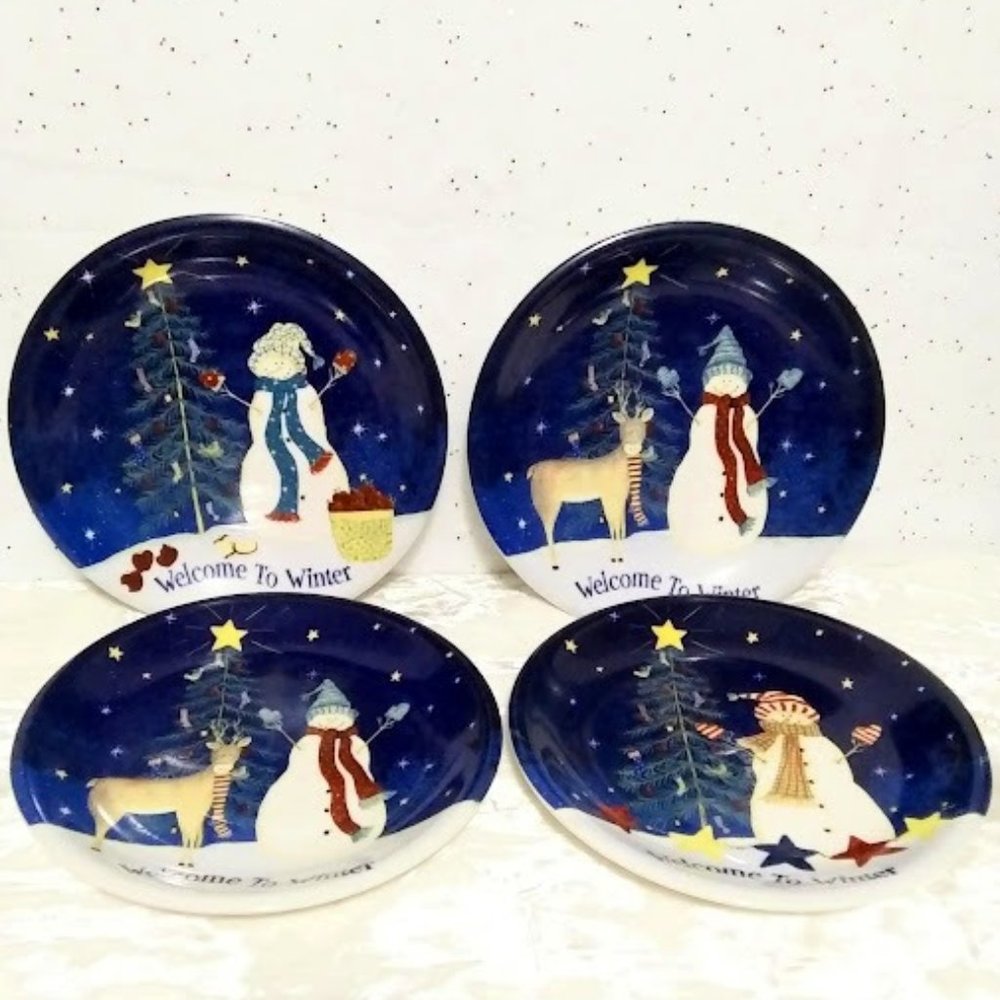 VTG*SNOWMAN CERAMIC PLATES*"WELCOME TO WINTER"*SET OF FOUR*HAND PAINTED*